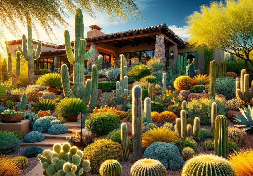 A scenic view featuring succulents in the Arizona landscape as your yard could look with landscape maintenance from Corona Landscape.